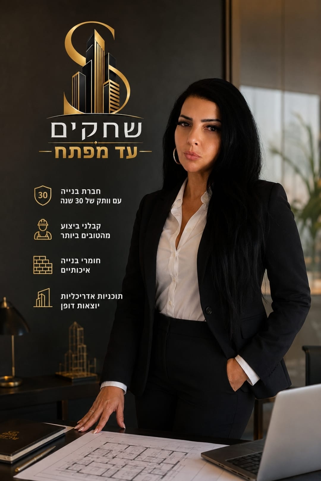 מנהלת שחקים עד מפתח במשרד החברה, עם לוגו החברה